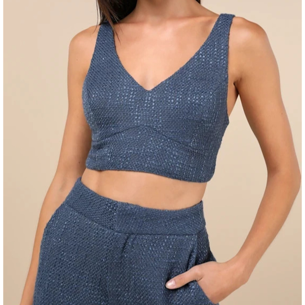 Lulus Tweed Texture Cropped Tank Top Womens size XL Navy Blue Chic Sophisticated